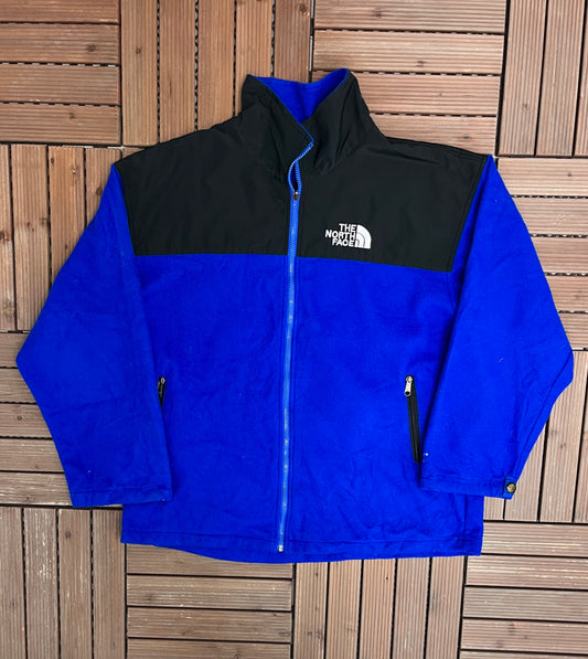 The North Face Graphic Fleece Sweater | Size X-Large | Vintage 1990s Gore-Tex Outdoors Branded Blue Fleece Zip Up Sweater |