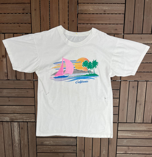 California Sailing Graphic Tee | Size Large | Vintage 1990s Tourist Promotional White T-Shirt |