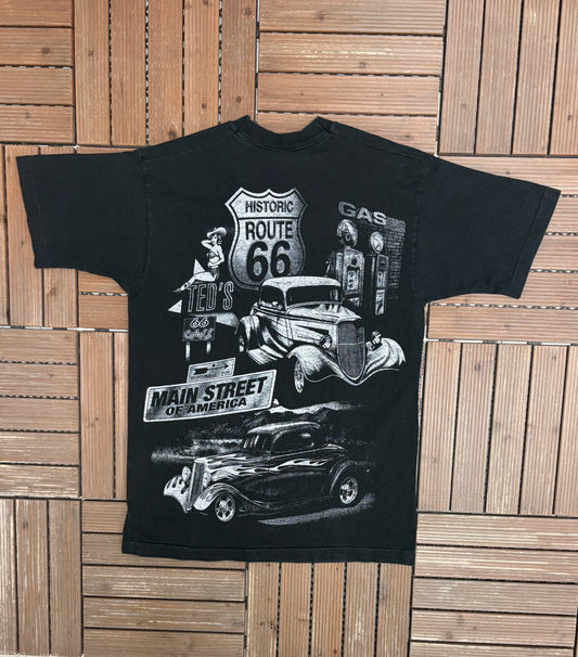 Route 66 Main Street Of America Graphic Tee | Size Large | Vintage 1990s Black Tourist T-Shirt |