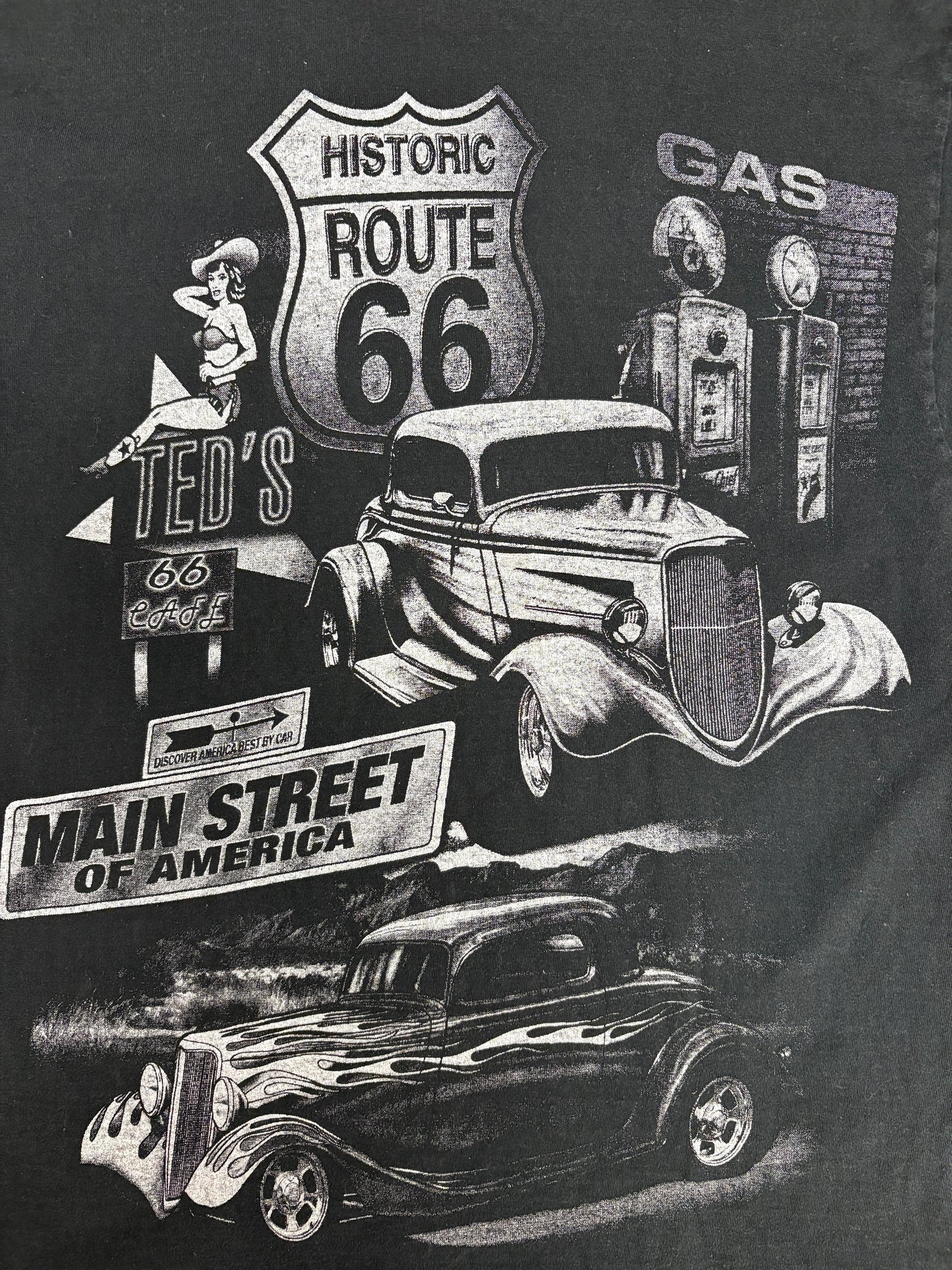 Route 66 Main Street Of America Graphic Tee | Size Large | Vintage 1990s Black Tourist T-Shirt |