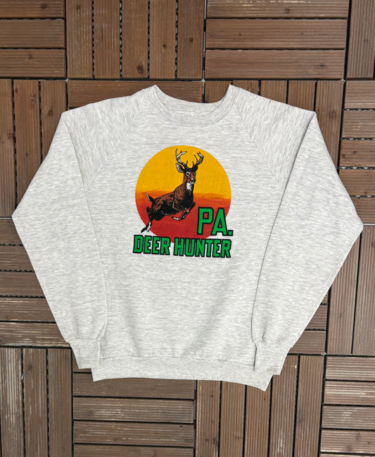 Pennsylvania Deer Hunter Graphic Crewneck | Size X-Large | Vintage 1980s Animal Graphic Grey Sweater |