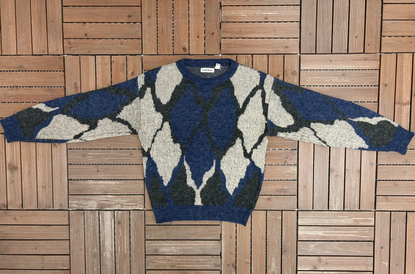 Saturdays Abstract Pattern Knit Sweater | Size Large | Vintage 1980s Knit Blue Sweatshirt |