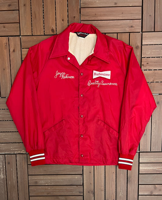 Budweiser Quality Assurance Graphic Jacket | Size Small | Vintage 1980s Made in USA Red Coat |