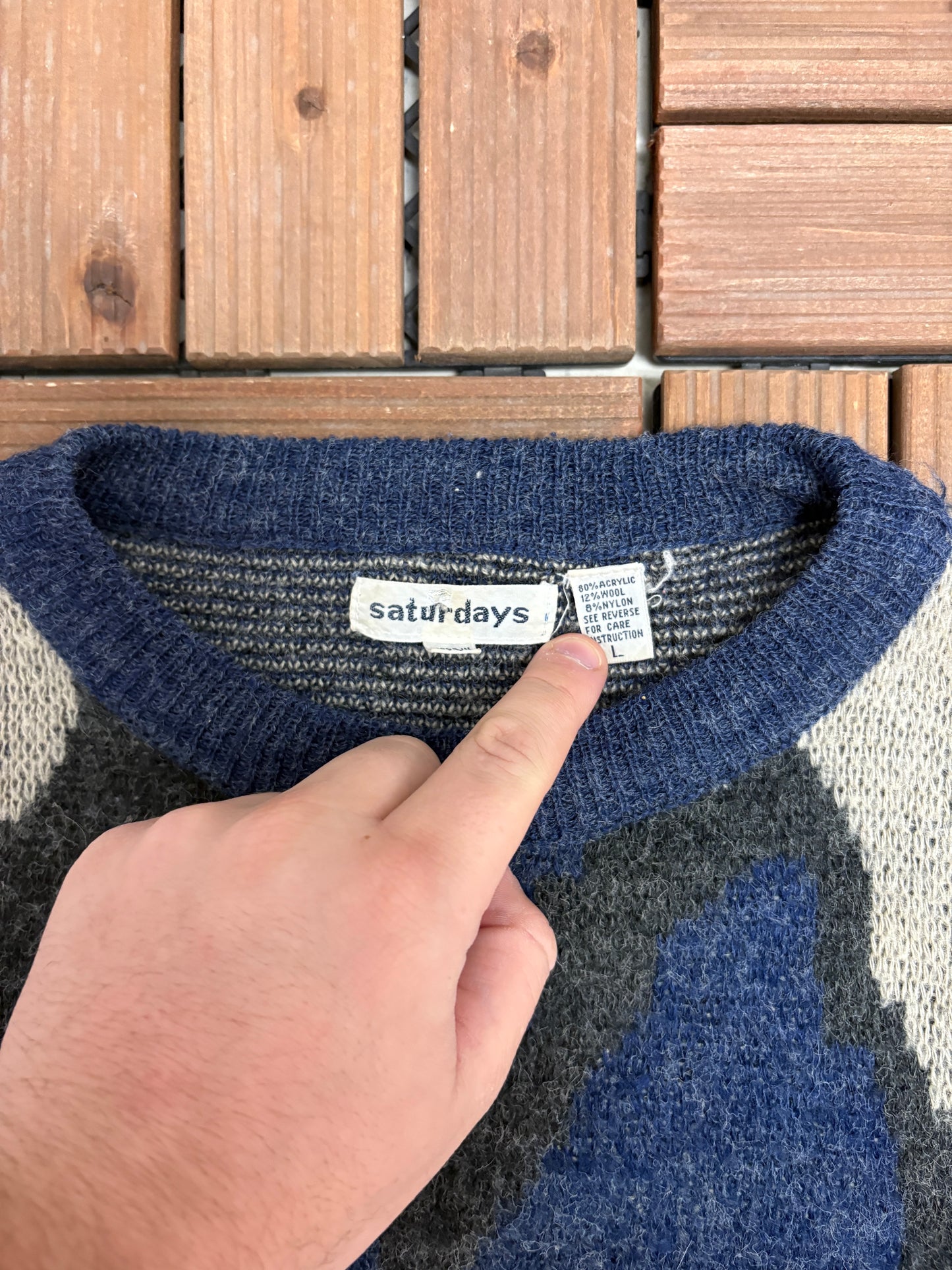 Saturdays Abstract Pattern Knit Sweater | Size Large | Vintage 1980s Knit Blue Sweatshirt |