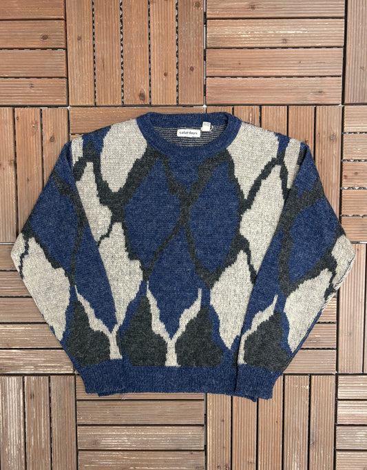 Saturdays Abstract Pattern Knit Sweater | Size Large | Vintage 1980s Knit Blue Sweatshirt |