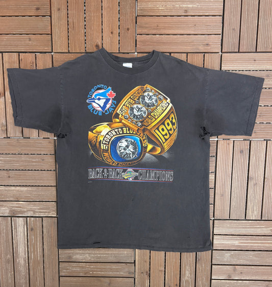 Toronto Blue Jays Back 2 Back World Series Champions Graphic Tee | Size Large | Vintage 1990s MLB Baseball Grey T-Shirt |
