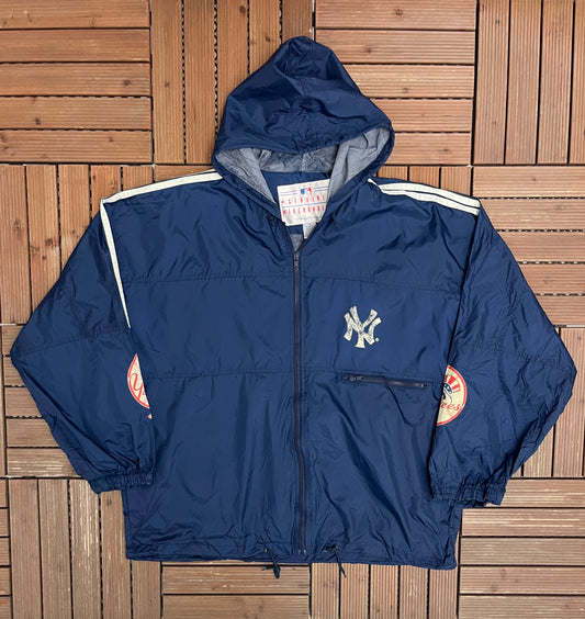 New York Yankees Graphic Windbreaker Jacket | Size X-Large | Vintage 2000s MLB Baseball Blue Jacket |