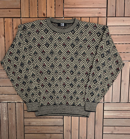 TSA USA Abstract Knit Crewneck | Size Large | Vintage 2000s Branded Brown Knit Sweater |