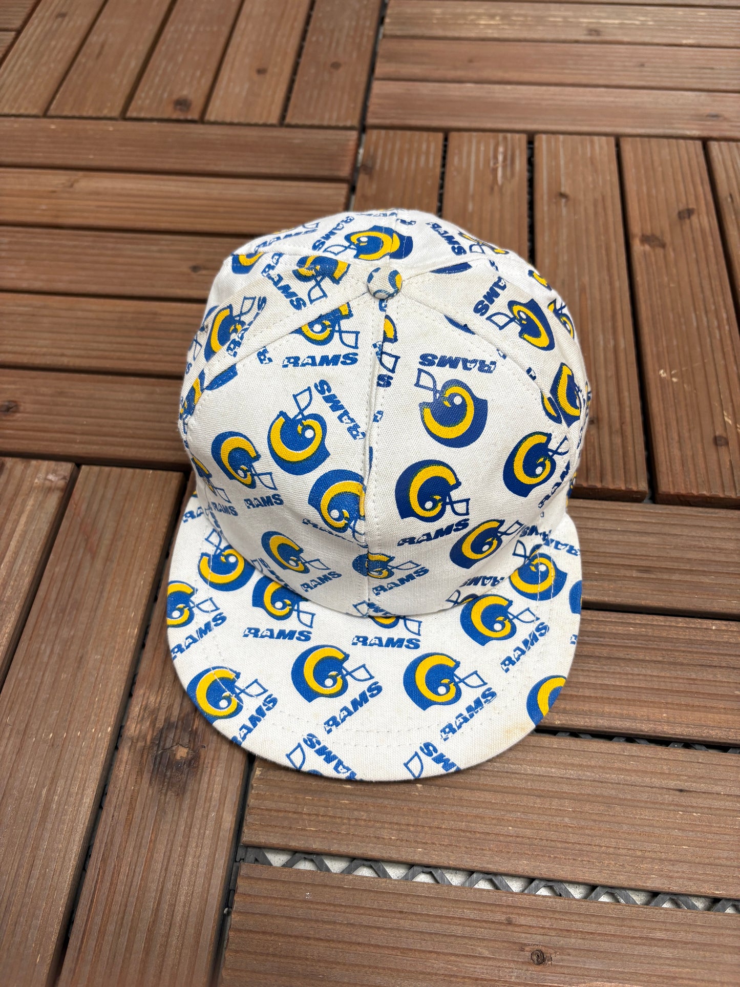 Los Angeles Rams Helmet All Over Print Graphic Hat | Snap Back | Vintage 1990s NFL Football White Hat |