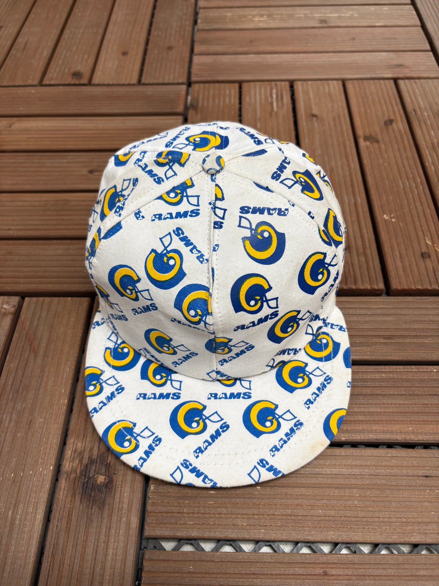 Los Angeles Rams Helmet All Over Print Graphic Hat | Snap Back | Vintage 1990s NFL Football White Hat |