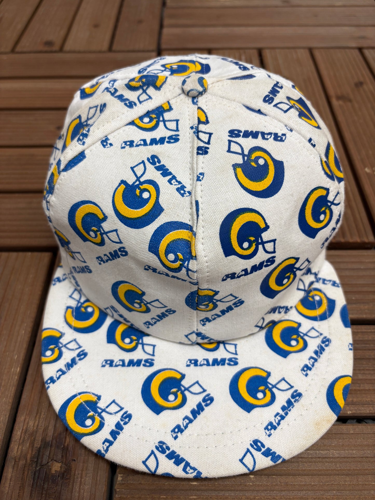 Los Angeles Rams Helmet All Over Print Graphic Hat | Snap Back | Vintage 1990s NFL Football White Hat |