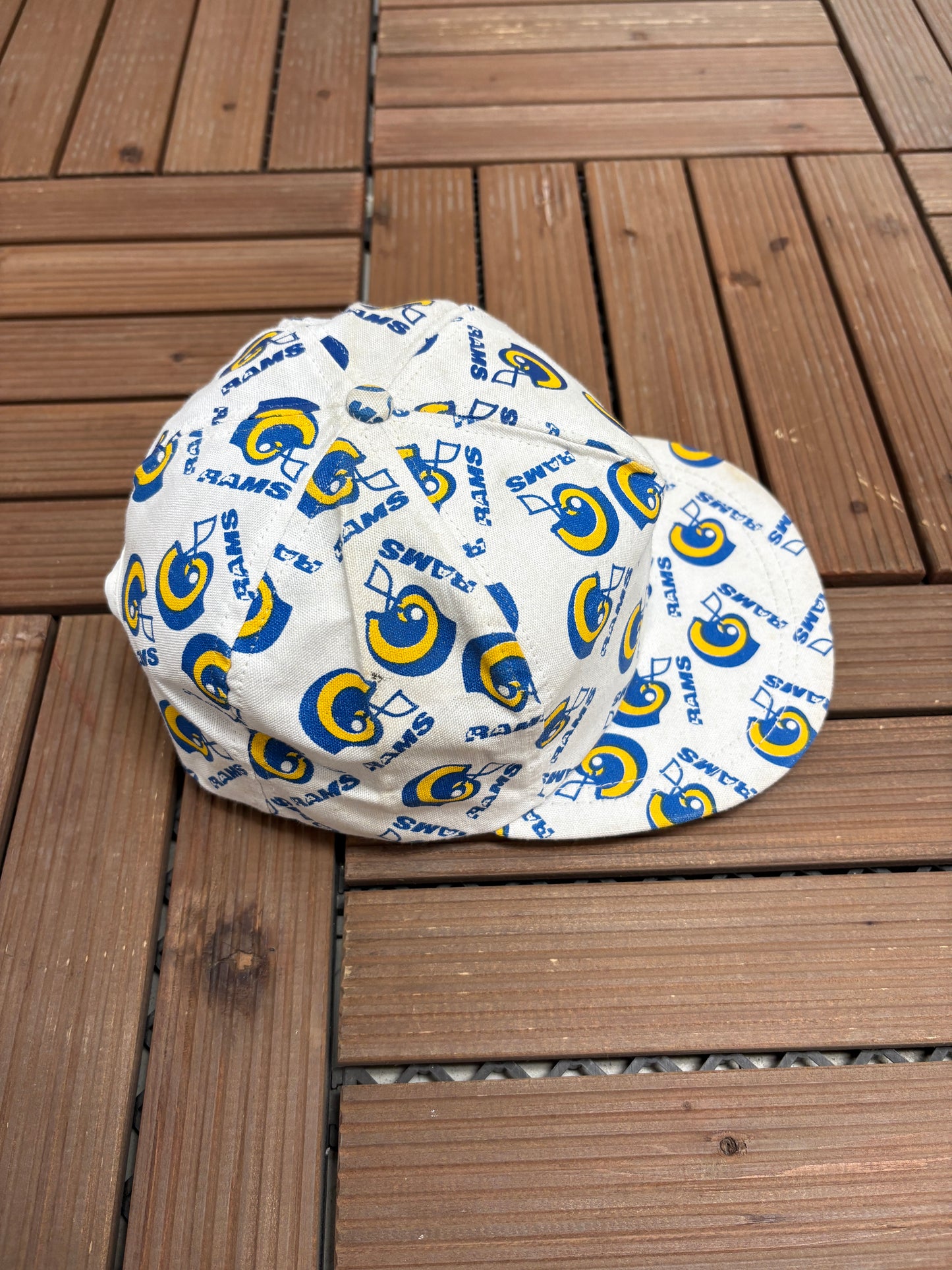 Los Angeles Rams Helmet All Over Print Graphic Hat | Snap Back | Vintage 1990s NFL Football White Hat |