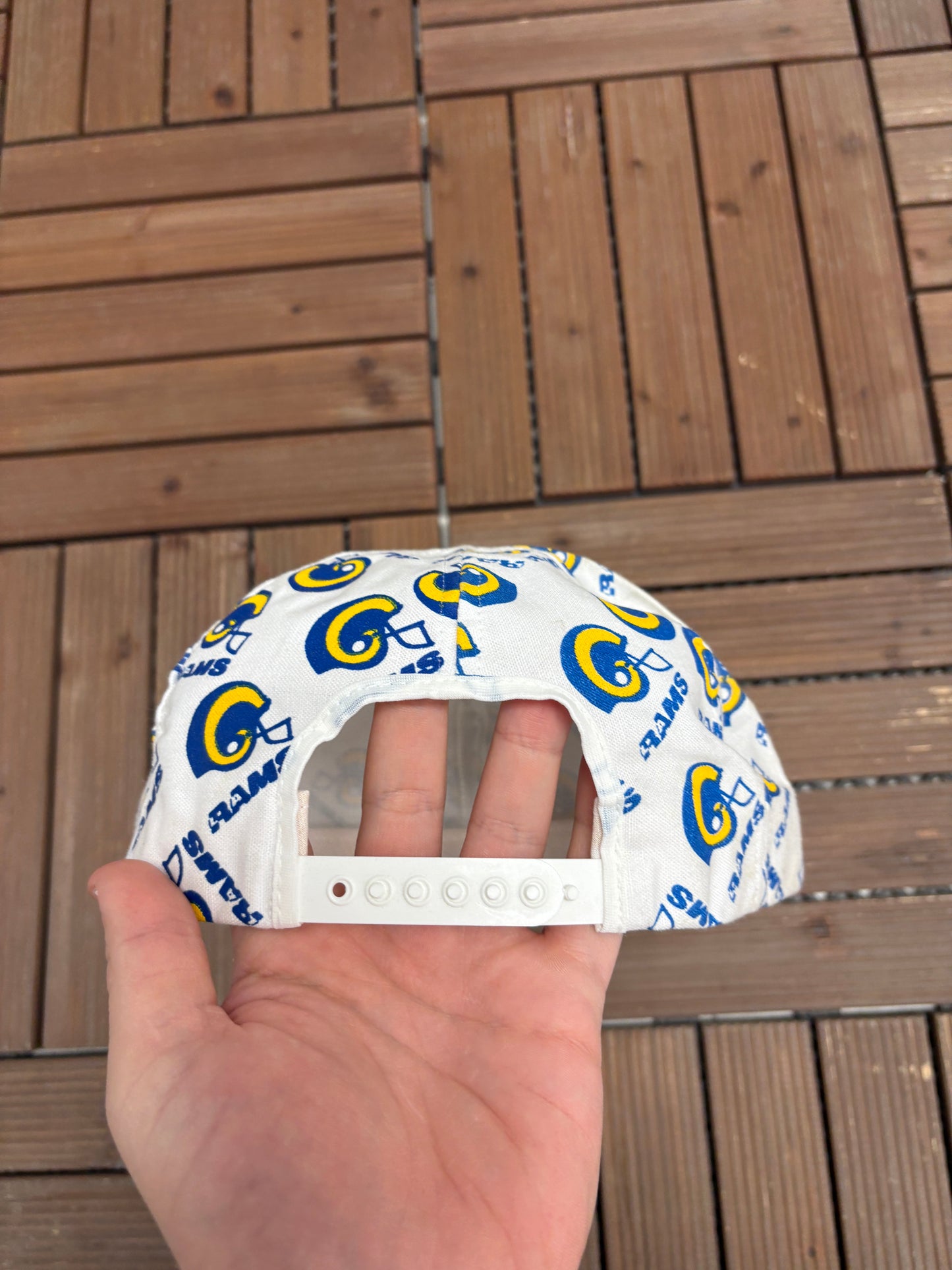 Los Angeles Rams Helmet All Over Print Graphic Hat | Snap Back | Vintage 1990s NFL Football White Hat |