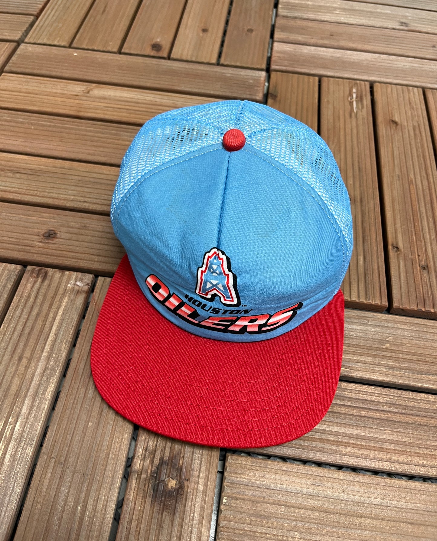 Houston Oilers Graphic Hat | A Snap Back | Vintage 1980s New Era NFL Football Light Blue Cap |