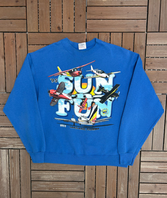 SUN 'n FUN Aerospace Expo Lakeland, Florida Graphic Crewneck | Size Large | Vintage 1990s Promotional Blue Sweater |