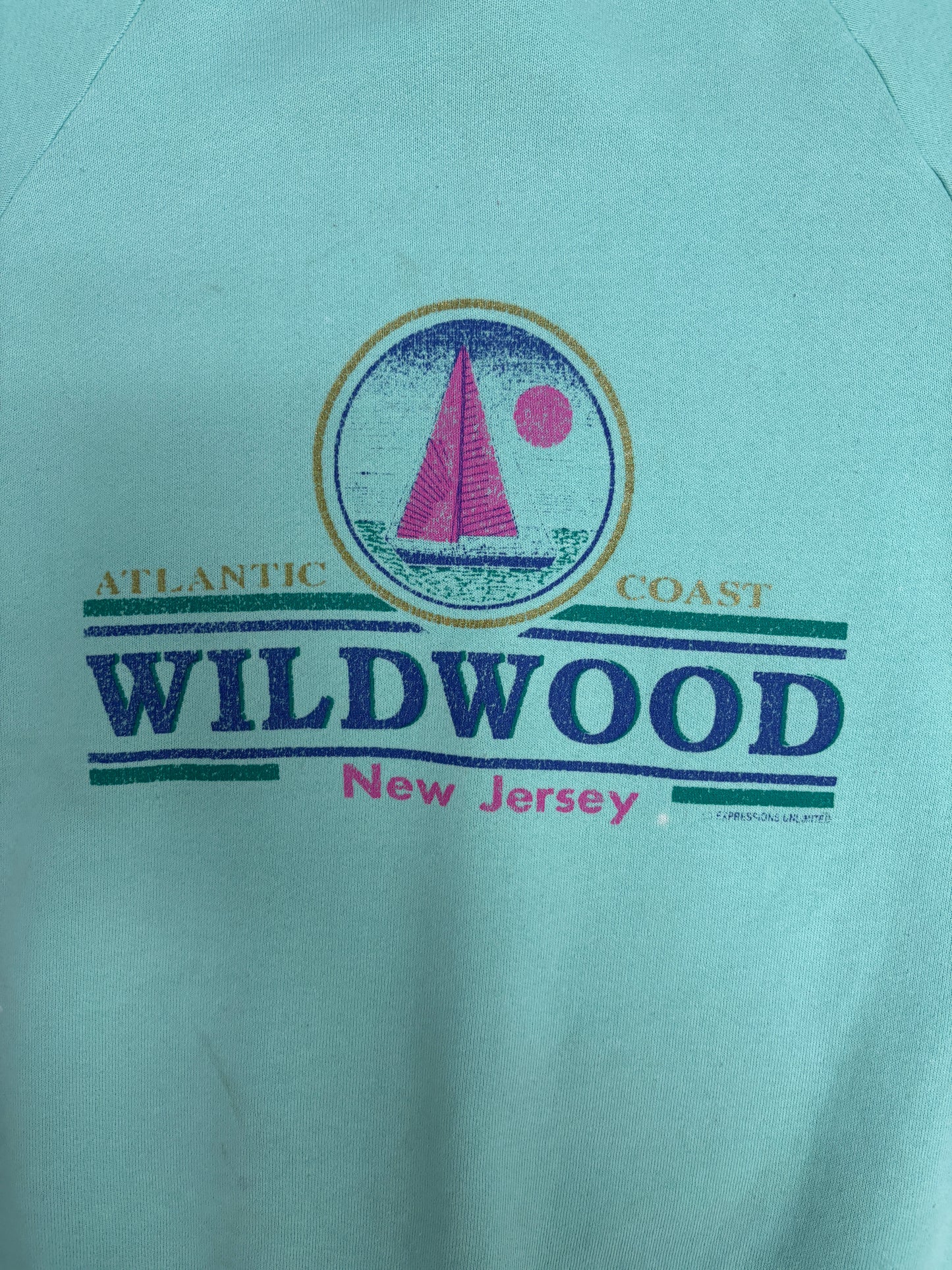 Wildwood, New Jersey Graphic Crewneck | Size Large | Vintage 1980s Tourist Promotional Blue Sweater |