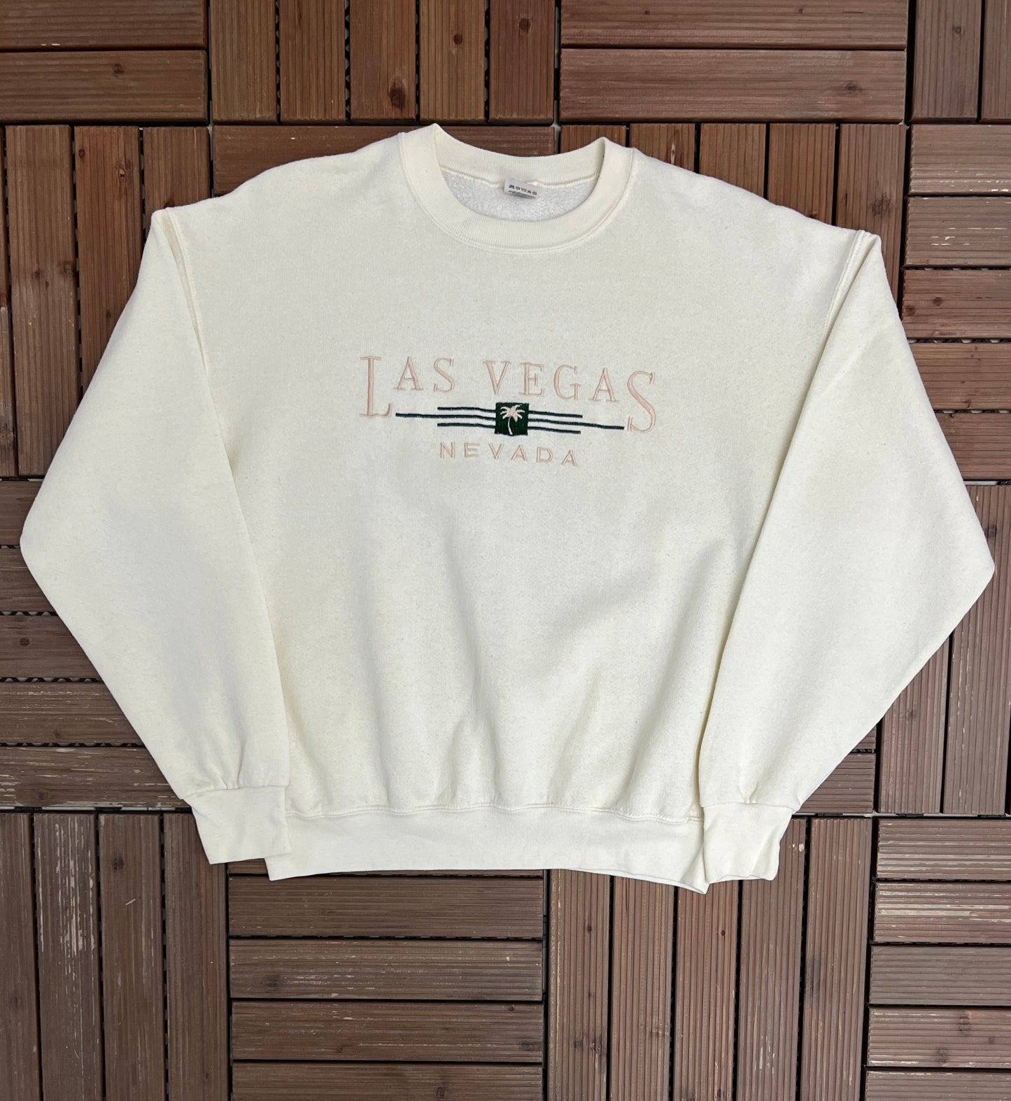 Las Vegas, Nevada Graphic Crewneck | Size Large | Vintage 1990s Promotional Tourist White Sweater |