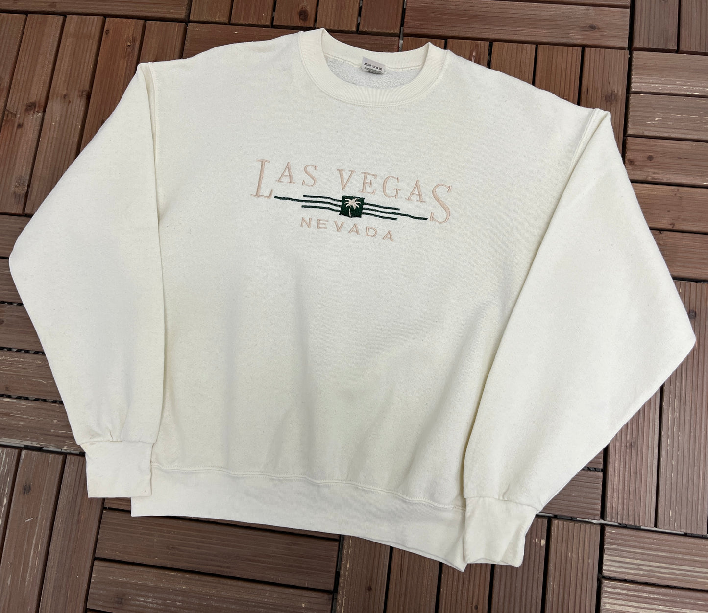 Las Vegas, Nevada Graphic Crewneck | Size Large | Vintage 1990s Promotional Tourist White Sweater |