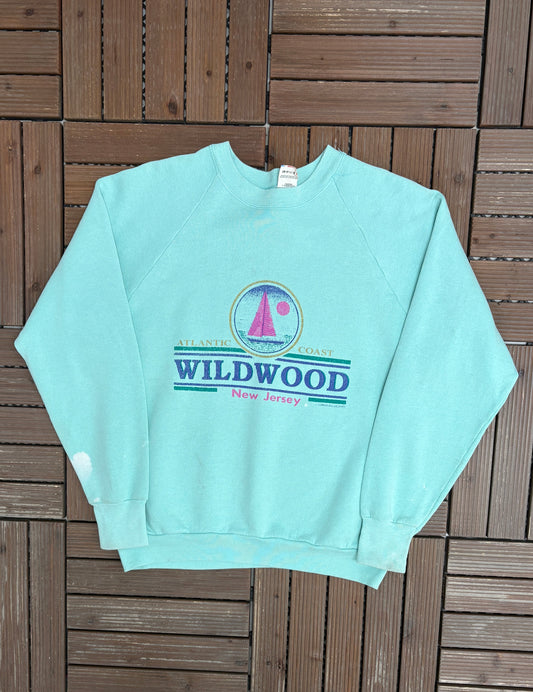 Wildwood, New Jersey Graphic Crewneck | Size Large | Vintage 1980s Tourist Promotional Blue Sweater |