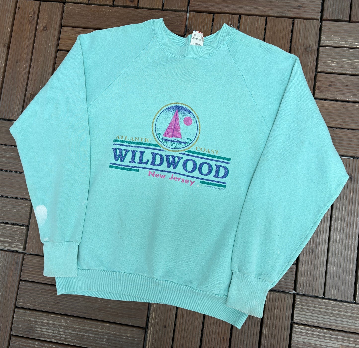 Wildwood, New Jersey Graphic Crewneck | Size Large | Vintage 1980s Tourist Promotional Blue Sweater |
