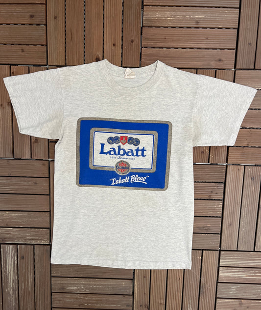 Labatt Bleue Biere Graphic Tee | Size Medium | Vintage 1990s Promotional Grey T-Shirt |