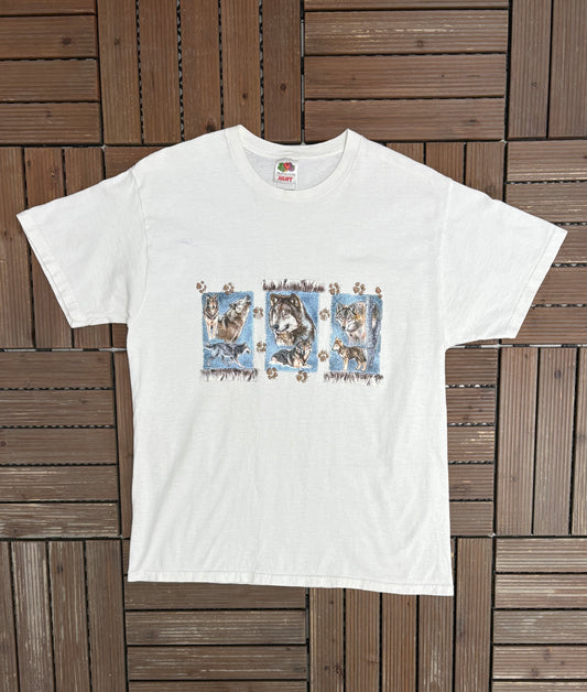 Wolves Scenic Graphic Tee | Size Large | Vintage 2000s Animal White T-Shirt |