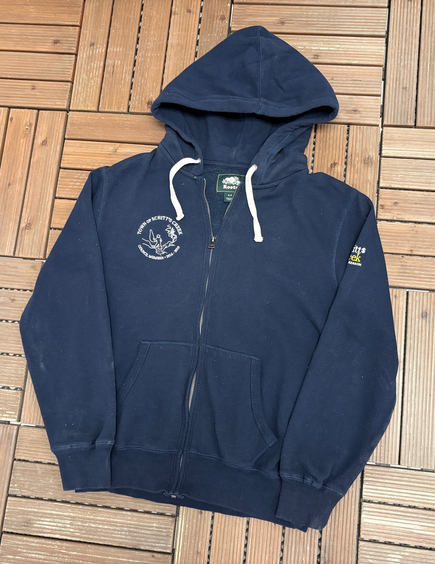 Schitt's Creek Council Member Embroidered Graphic Hoodie | Size Small | Modern Television Series Blue Sweater |