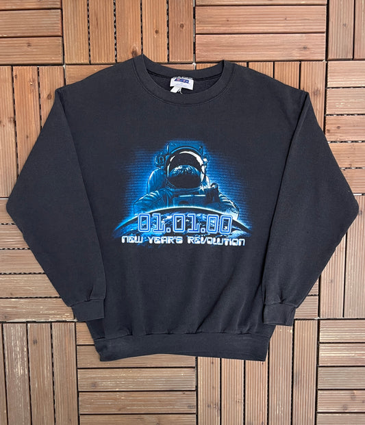 New Years Revolution Graphic Crewneck | Size Large | Vintage 1990s Promotional Black Sweater |