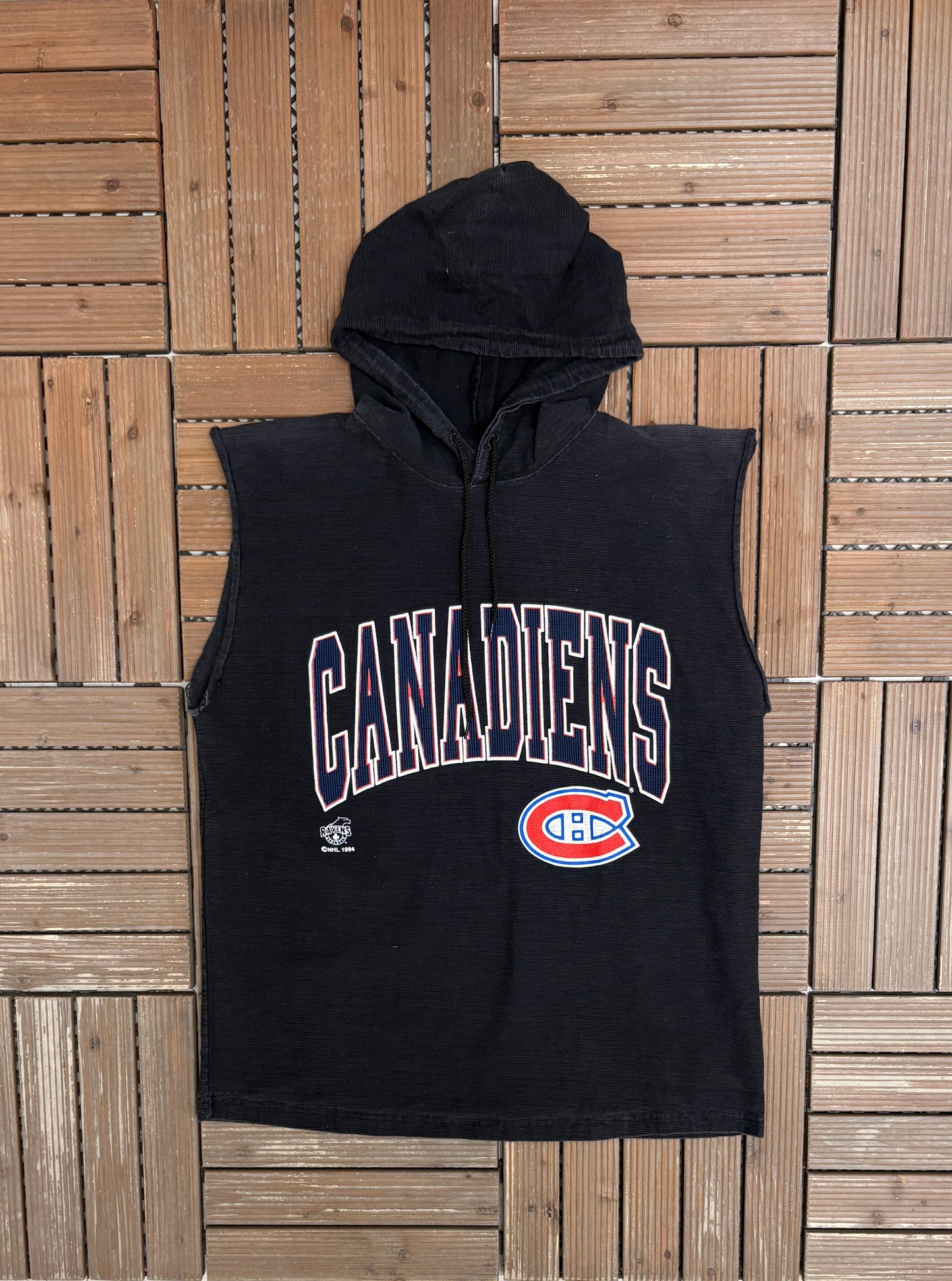Montreal Canadiens Tank Top Graphic Hoodie | Size Medium | Vintage 1990s NHL Hockey Black T-Shirt |
