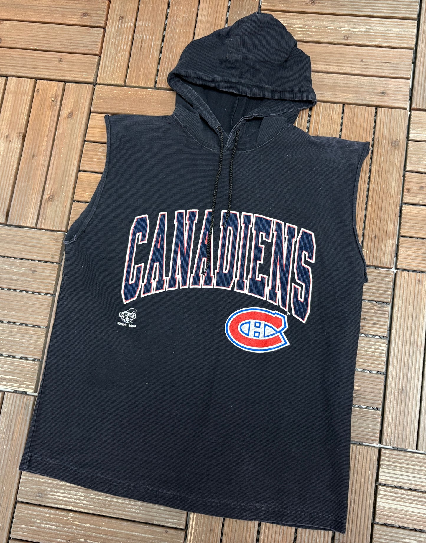 Montreal Canadiens Tank Top Graphic Hoodie | Size Medium | Vintage 1990s NHL Hockey Black T-Shirt |