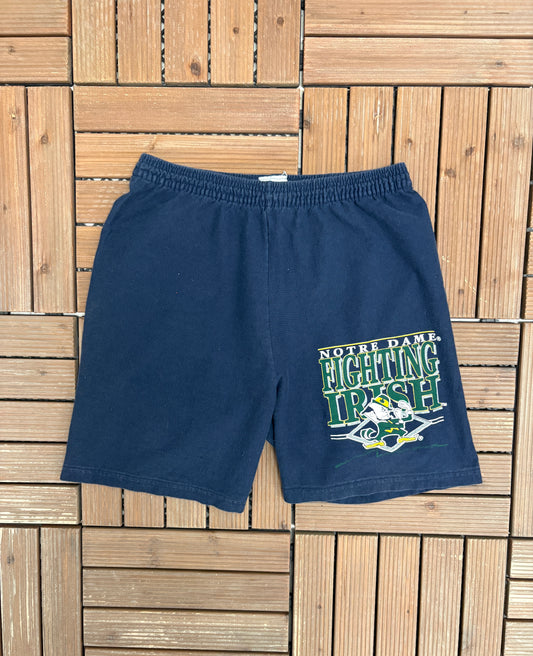 Notre Dame Fighting Irish Graphic Shorts | Size Large | Vintage 1990s College Sports Blue Sweat Shorts |