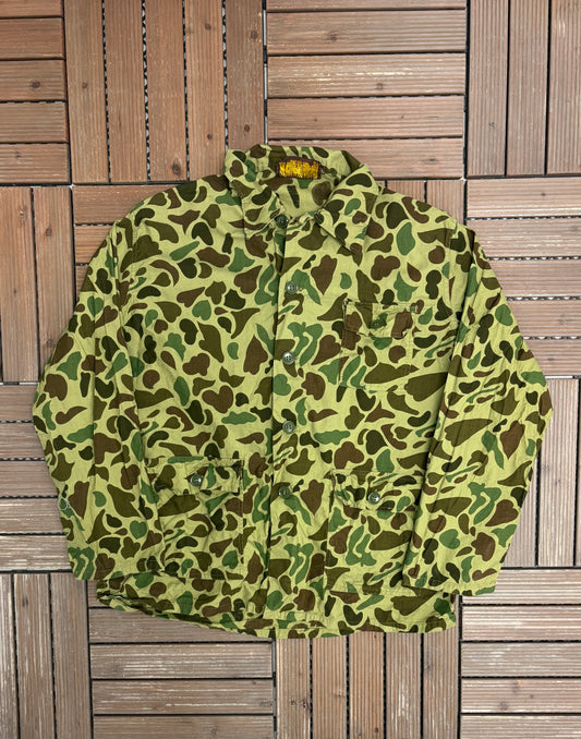Caliber Sportsman's Camouflage Button Down | Size X-Large | Vintage 1990s Military Green Camo Long Sleeve Shirt |