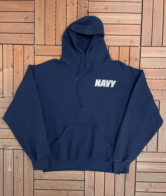 United States of America Navy Graphic Sweater | Size Large | Vintage 1990s Made in USA Blue Hoodie |