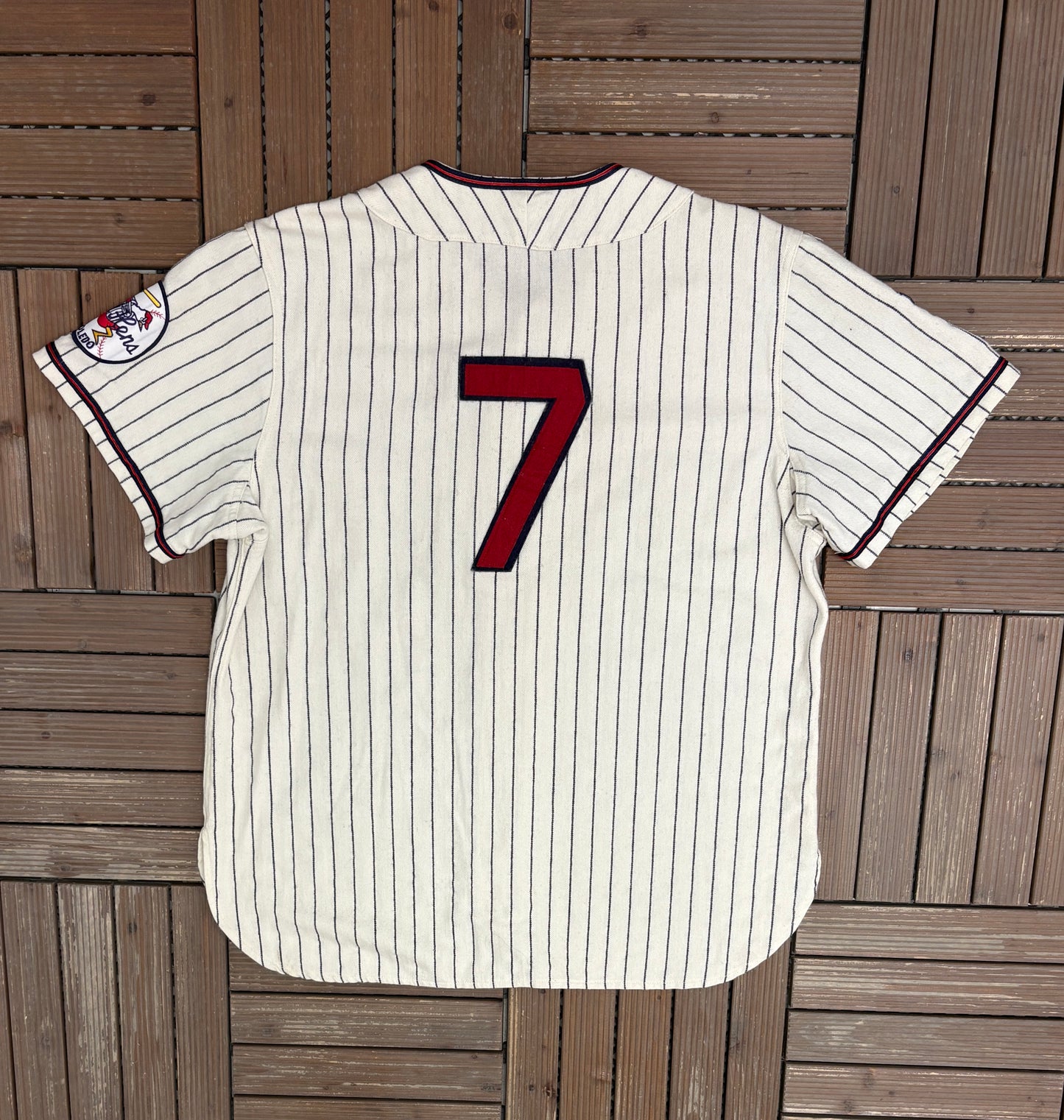 Toledo Mud Hens Stitched Pinstripe Jersey | Size X-Large | Vintage 2000s MiLB Baseball White Jersey |