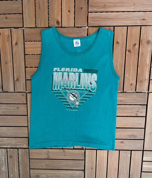 Florida Marlins Graphic Tee | Size Small | Vintage 1990s Single Stitch MLB Baseball Blue Tank Top T-Shirt |