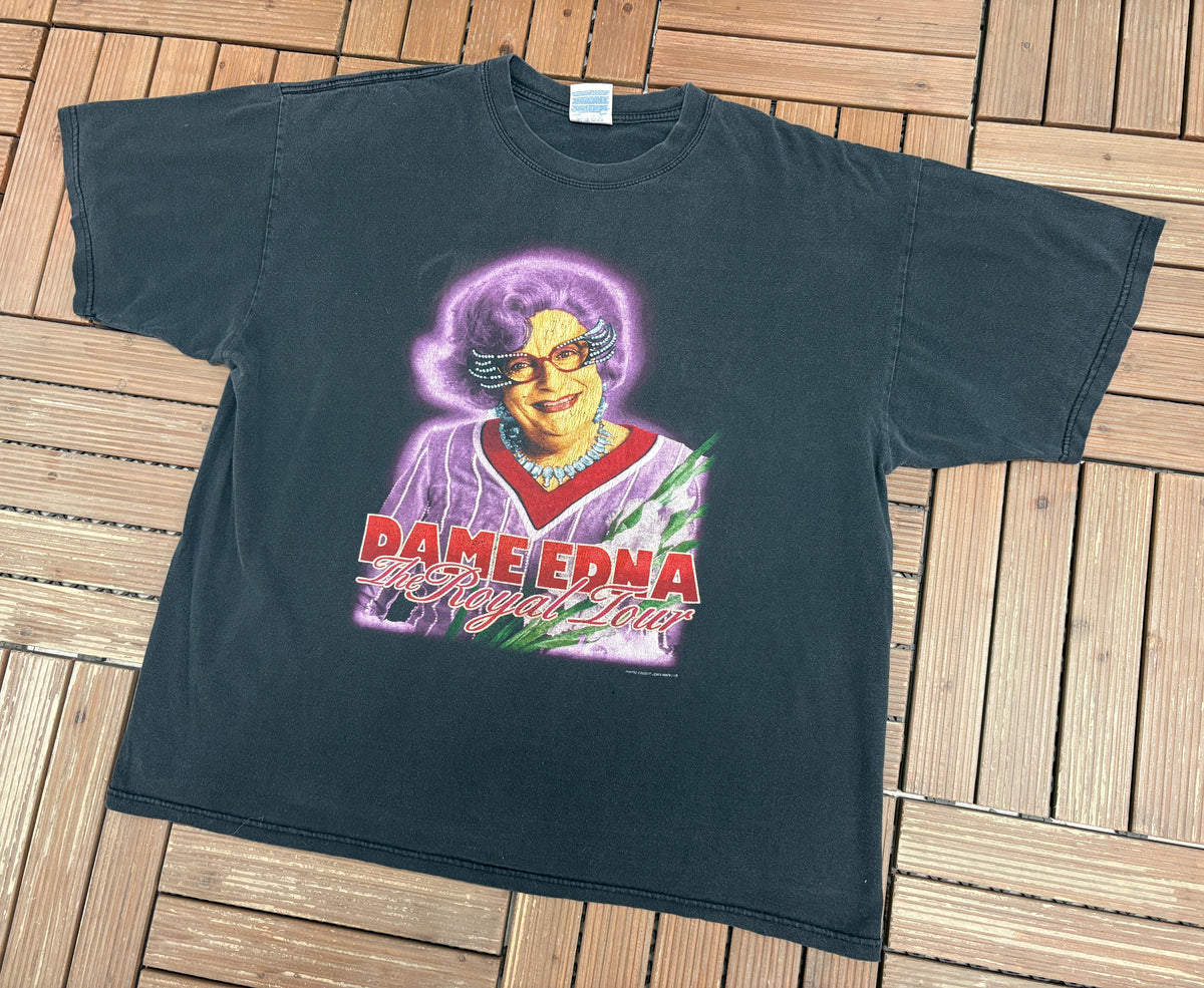 Dame Edna The Royal Tour Graphic Tee | Size XX-Large | Vintage 1990s Promotional Musical Black T-Shirt |