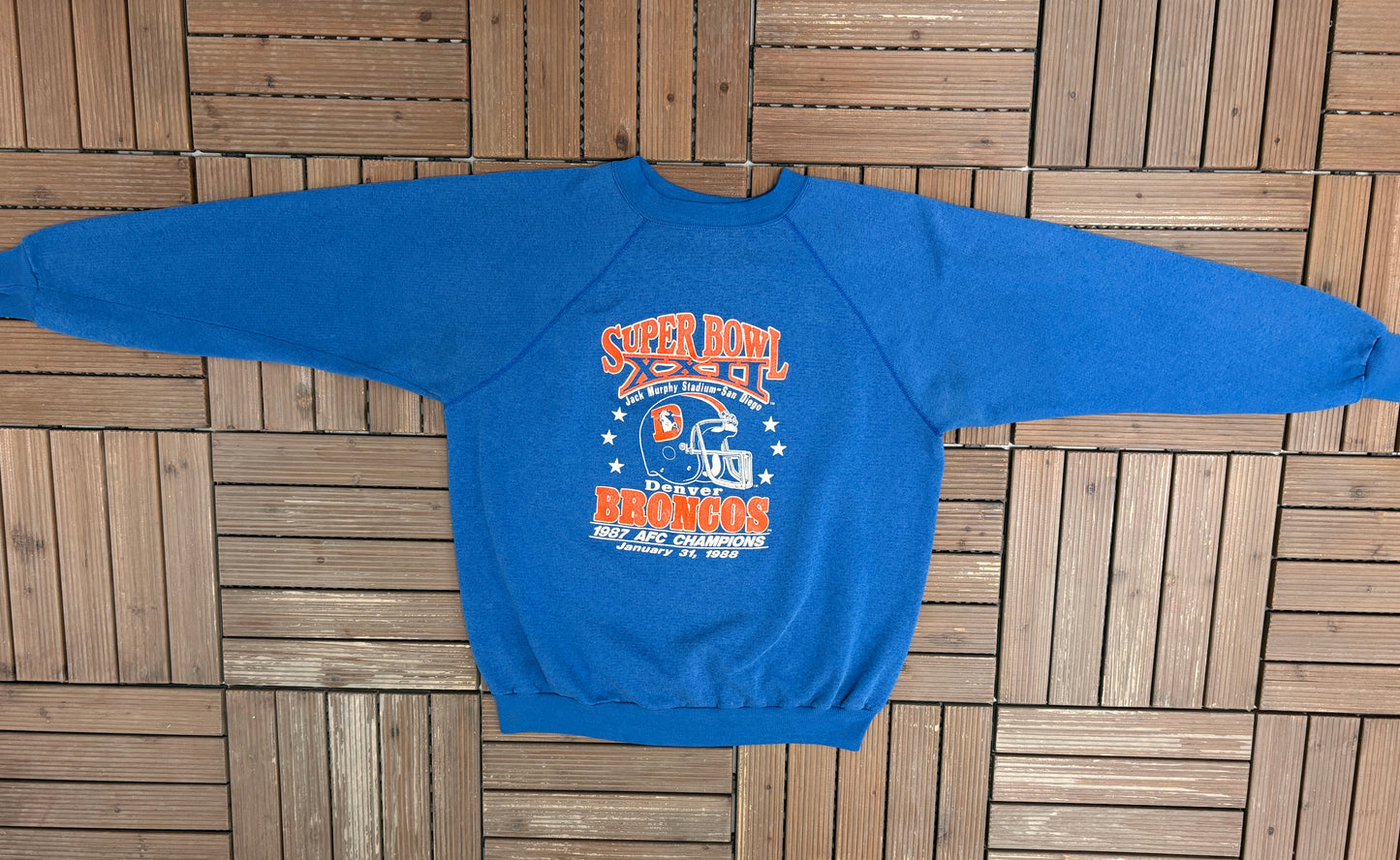 Denver Broncos Super Bowl XXII Graphic Crewneck | Size XX-Large | Vintage 1980s NFL Football Blue Sweater |