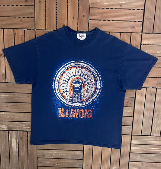 Illinois Fighting Illini Graphic Tee | Size Large | Vintage 1990s College Sports Blue T-Shirt |