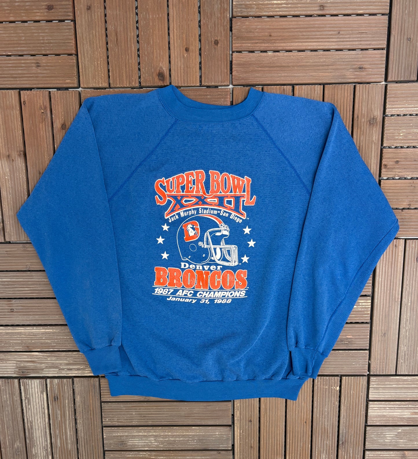 Denver Broncos Super Bowl XXII Graphic Crewneck | Size XX-Large | Vintage 1980s NFL Football Blue Sweater |