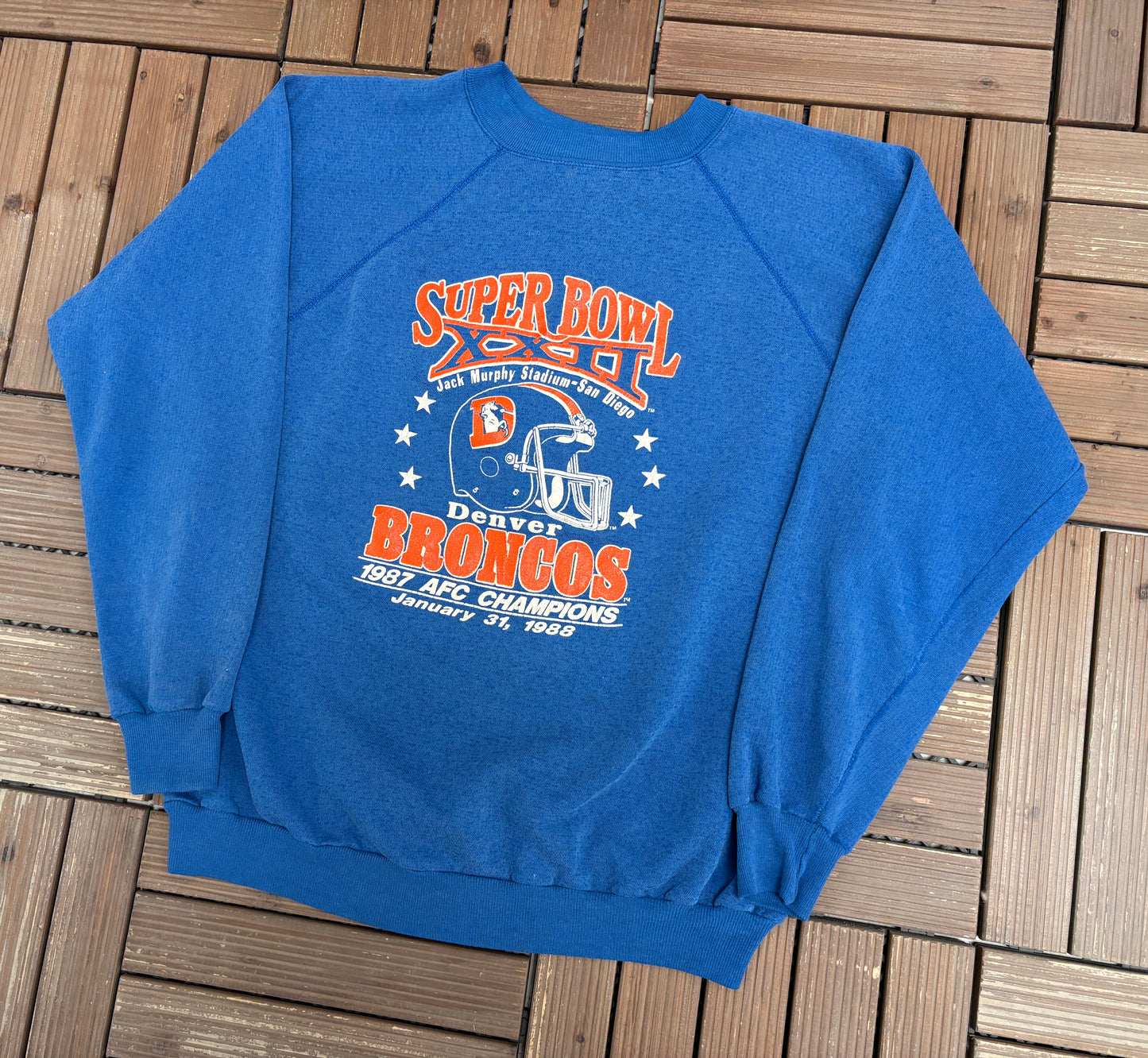 Denver Broncos Super Bowl XXII Graphic Crewneck | Size XX-Large | Vintage 1980s NFL Football Blue Sweater |