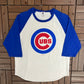 Chicago Cubs Graphic Tee | Size Large | Vintage 2000s MLB Baseball White 3/4 Sleeve Shirt |