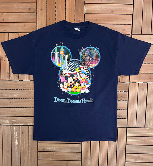 Mickey Mouse Disney Dreams Florida Graphic Tee | Size Large | Vintage 1990s Disney Cartoon Blue T-Shirt |