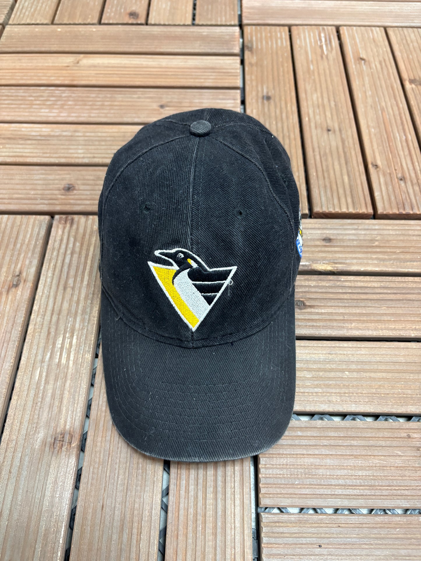 Pittsburgh Penguins Embroidered Graphic Hat | Snap Back | Vintage 1990s NHL Hockey Black Cap |