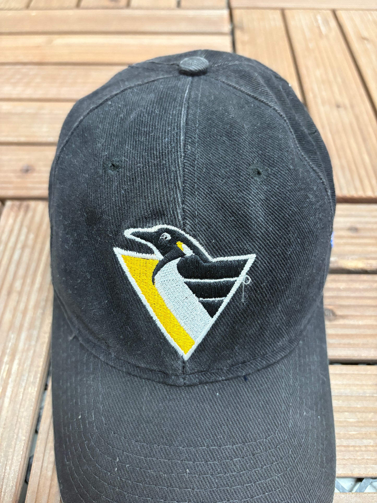 Pittsburgh Penguins Embroidered Graphic Hat | Snap Back | Vintage 1990s NHL Hockey Black Cap |