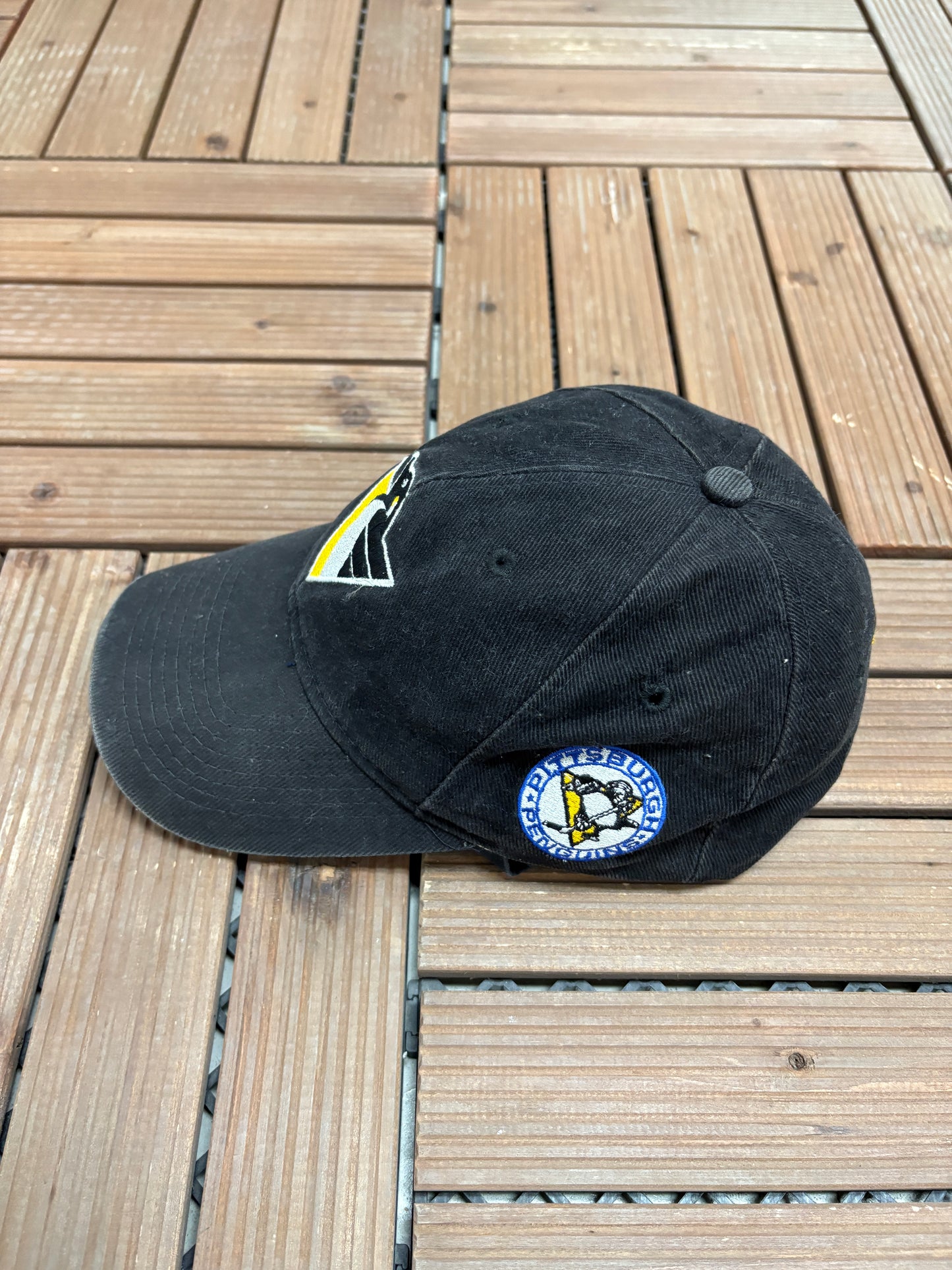 Pittsburgh Penguins Embroidered Graphic Hat | Snap Back | Vintage 1990s NHL Hockey Black Cap |