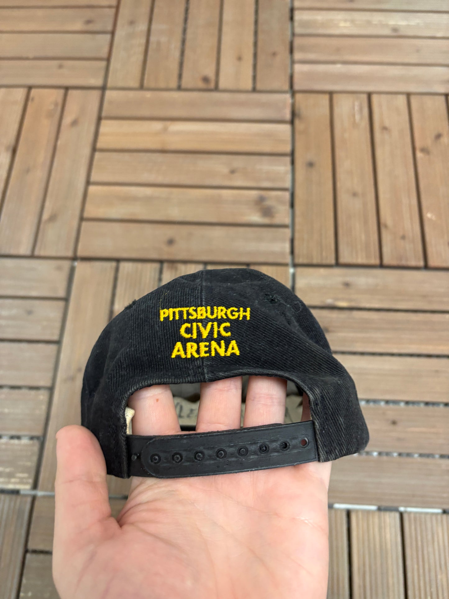 Pittsburgh Penguins Embroidered Graphic Hat | Snap Back | Vintage 1990s NHL Hockey Black Cap |