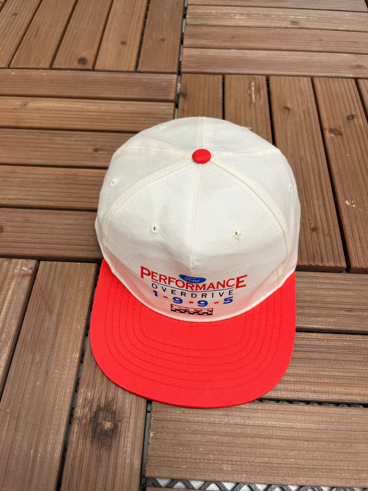 Ford Performance Overdrive 1995 Graphic Hat | Snap Back | Vintage 1990s Racing White Cap |