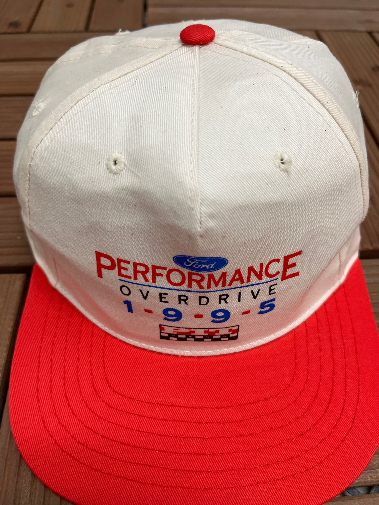 Ford Performance Overdrive 1995 Graphic Hat | Snap Back | Vintage 1990s Racing White Cap |