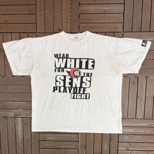 Ottawa Senators Playoff Fight Graphic Tee | Size X-Large | Vintage 1990s NHL Hockey White T-Shirt |