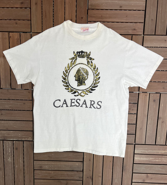 Caesars Palace Las Vegas Graphic Tee | Size X-Large | Vintage 1990s Promotional White Tee |